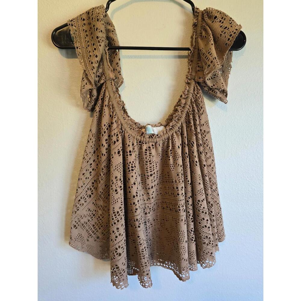 Free People Beach Eyelet Crop Top  Brown Off the Shoulder (M)